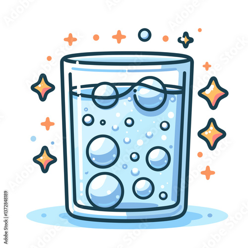 Vector illustration of sparkling mineral water glass with bubbles and decorative stars. Perfect for beverage menus, healthy drink websites, and restaurant promotions.