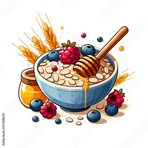 Vector illustration of oatmeal bowl with berries, honey and wheat ears. Ideal for healthy breakfast blogs, nutritional recipe websites, and organic food promotions.