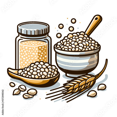 Vector illustration of pearl barley in jars with wheat sprig and spoon. Ideal for health food websites and natural product packaging design.