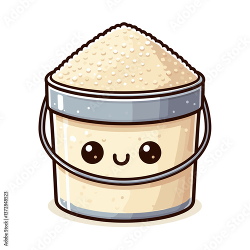 Vector illustration of cute semolina bucket with smiley face in kawaii style. Perfect for children's cooking blogs and family recipe content.