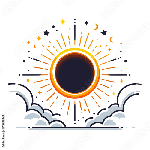 Vector illustration of solar eclipse with clouds and stars in night sky. Perfect for astronomy blogs and celestial event content.