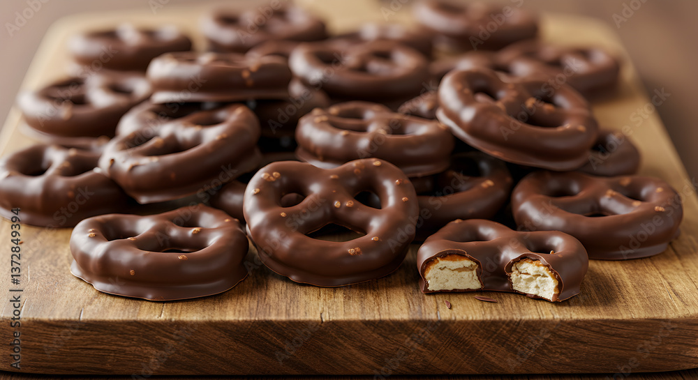 Decadent chocolate-covered pretzels stacked on rustic wooden board, a sweet and salty treat Decadent chocolate-covered pretzels stacked on rustic wooden board, a sweet and salty treat
