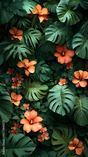 Lush backdrop featuring deep green monstera leaves and pops of vibrant orange flowers creating a tropical and captivati photo