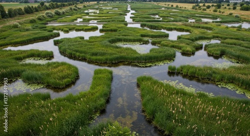A large artificial wetland designed for water filtration, featuring lush greenery and meandering waterways that enhance ecological balance and water quality