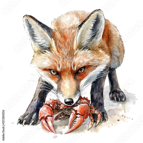 A watercolor vector of a crab eating fox, isolated on a white background. Crab eating fox vector.

