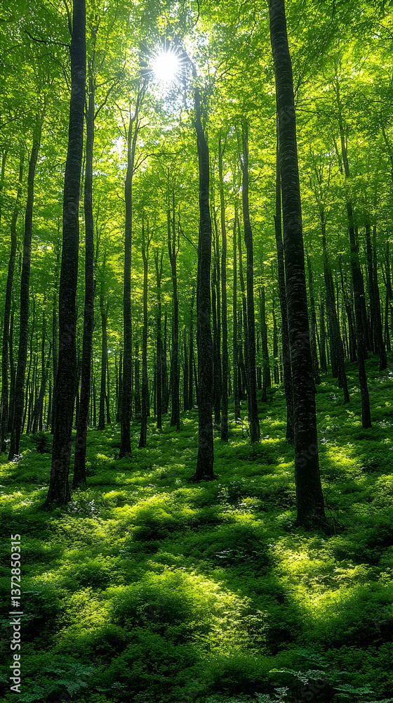 Lush green forest with tall trees basking in sunlight filtering through the canopy casting dappled shadows on the fore Lush green forest with tall trees basking in sunlight filtering through the canopy casting dappled shadows on the fore