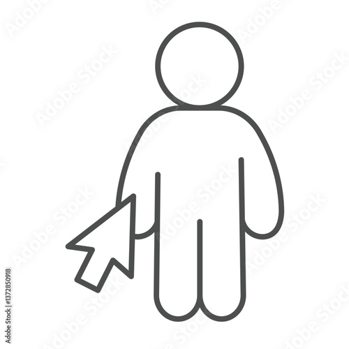Human and mouse cursor thin line icon, remote work concept. Vector graphics. Man, person with mouse pointer sign on white background, outline style icon for mobile or web design.
