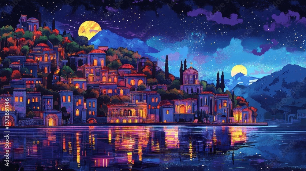 Night scene shows illuminated town on a hill reflected in Night scene shows illuminated town on a hill reflected in