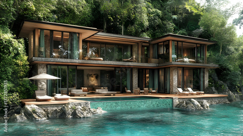 Wallpaper Mural Luxurious modern villa blends seamlessly with lush nature featuring a turquoise pool stone accents and expansive glas Torontodigital.ca