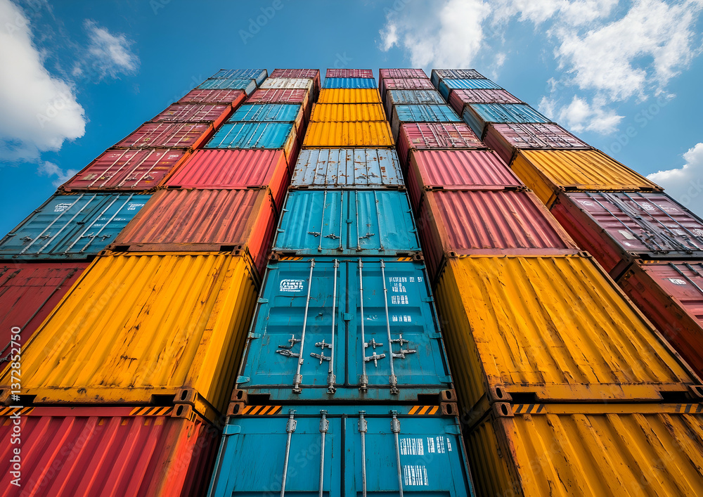 Fototapeta premium Colorful Shipping Containers Stacked High Against a Blue Sky with Fluffy White Clouds in Bright Sunlight