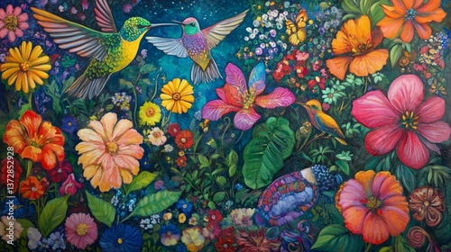Painting shows hummingbirds and colorful flowers in a vibrant garden
