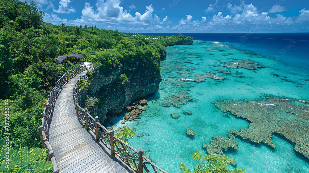 Scenic view of a boardwalk winding along a cliff overlooking turquoise waters and lush greenery under a blue cloudy sky Scenic view of a boardwalk winding along a cliff overlooking turquoise waters and lush greenery under a blue cloudy sky
