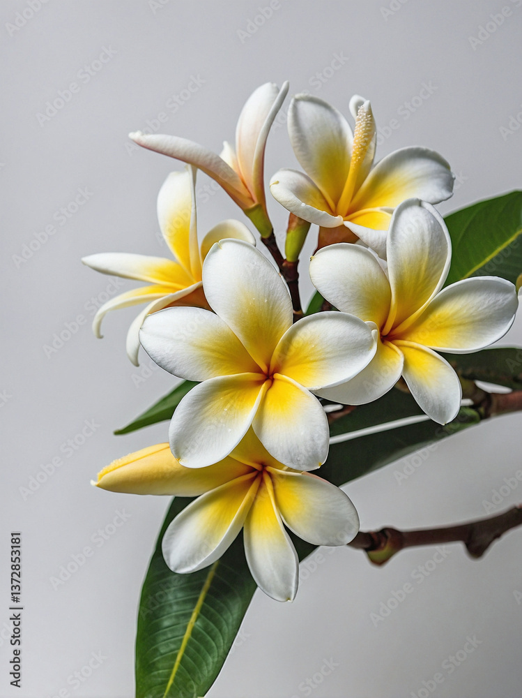 Obraz premium A gracefully curved Plumeria branch with several delicate blossoms in full bloom.