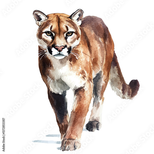 A watercolor vector of a cougar, isolated on a white background. Cougar vector.

