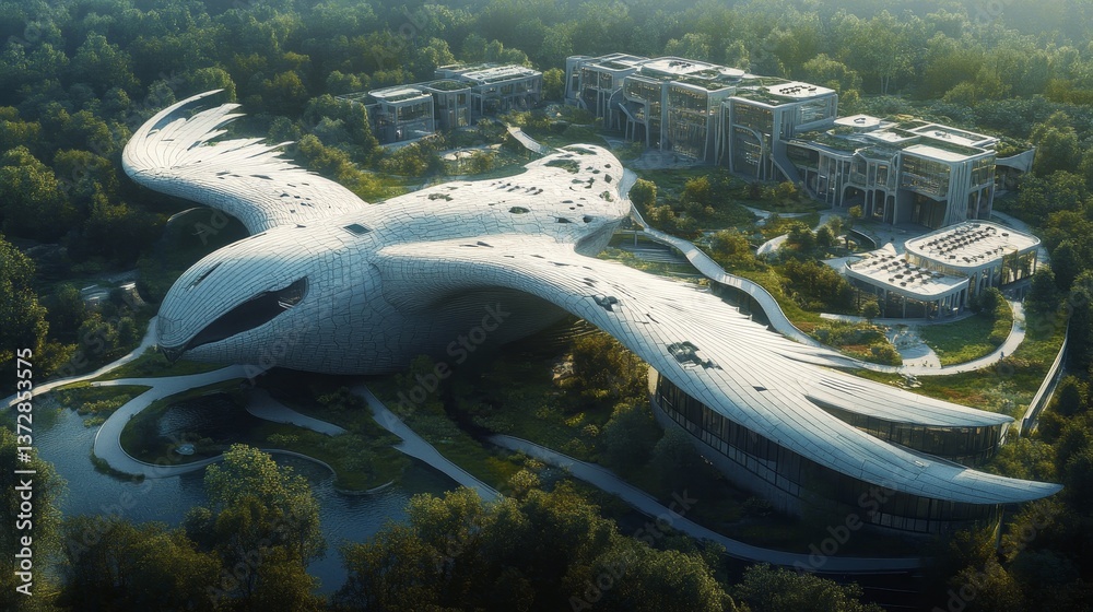 Naklejka premium Futuristic building with organic design surrounded by trees aerial view.