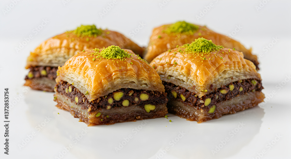 Delicious layers of Chocolate and Pistachio Baklava served on a white surface Delicious layers of Chocolate and Pistachio Baklava served on a white surface