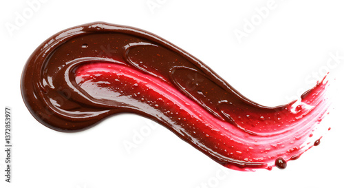 Swirling symphony of chocolate raspberry coulis on a pristine white canvas