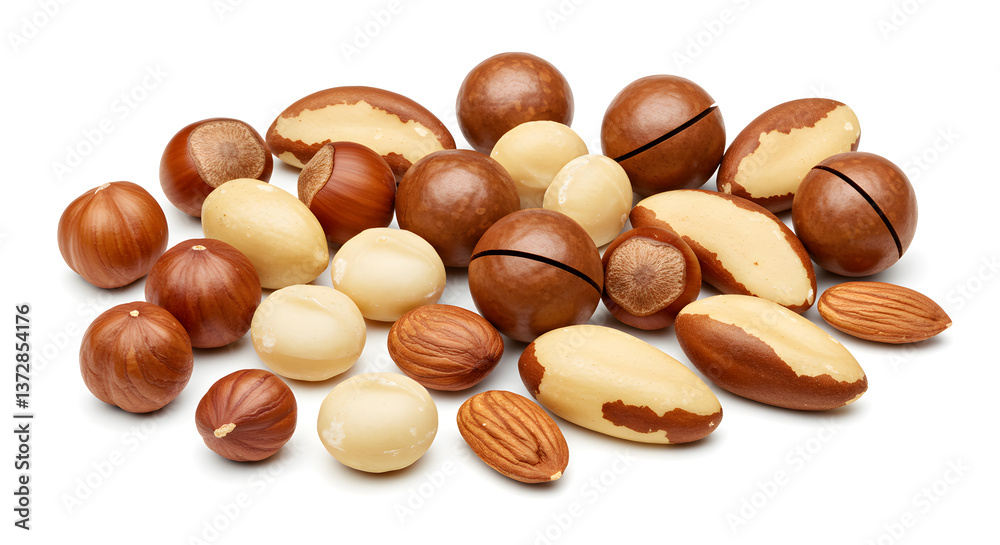 Nutritional Powerhouse: An Assortment of Mixed Nuts Isolated on White Backdrop Nutritional Powerhouse: An Assortment of Mixed Nuts Isolated on White Backdrop