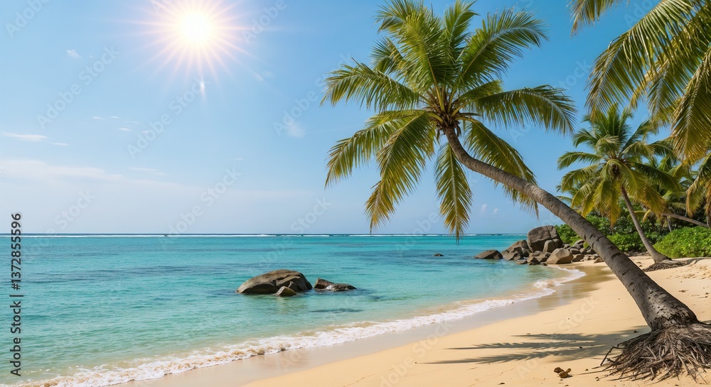 Obraz premium Tropical beach with palm trees and clear water under a bright sun