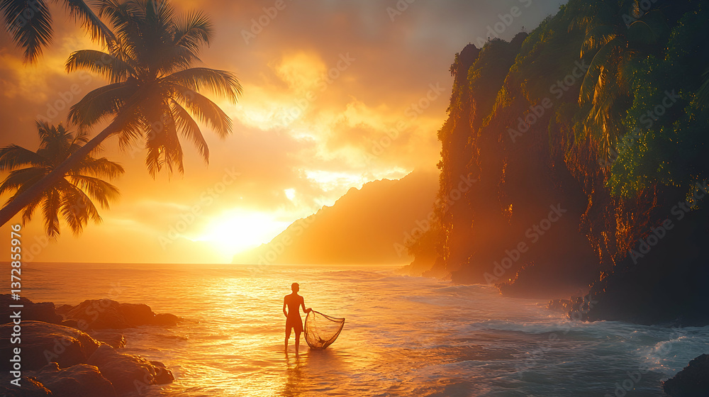 Seascape at sunset features a fisherman with a net backlit by a sunlit tropical landscape mountains lush trees Seascape at sunset features a fisherman with a net backlit by a sunlit tropical landscape mountains lush trees