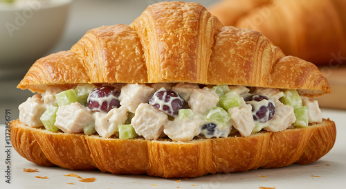 Delicious chicken salad croissant sandwich featuring grapes and celery closeup
