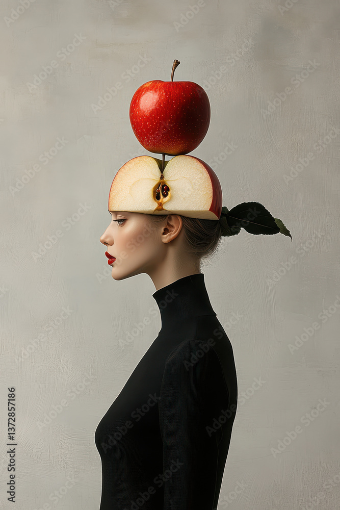Surreal portrait of woman with apple hat and minimalist background