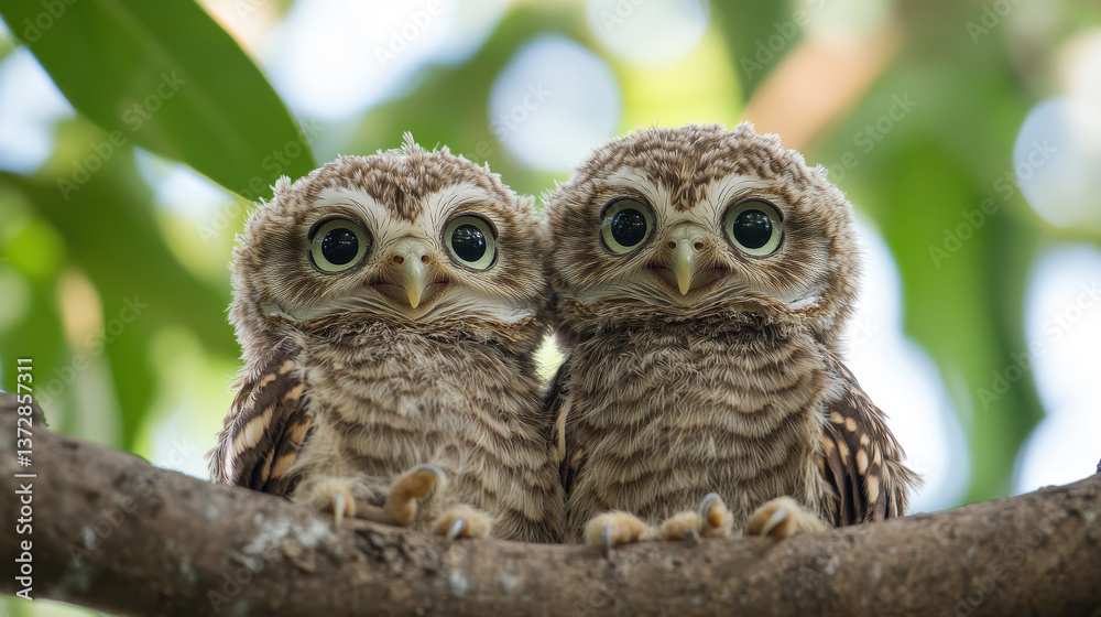 Adorable pair of young owls perched on branch in lush greenery with bright eyes