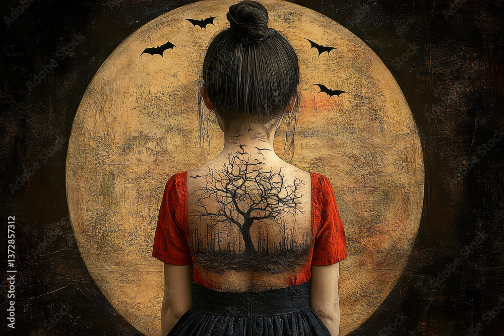 Girl with tree tattoo against full moon background and flying bats at night