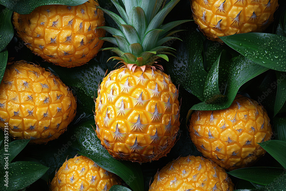 Fresh ripe pineapples with dew-covered green leaves in a tropical fruit arrangement close-up