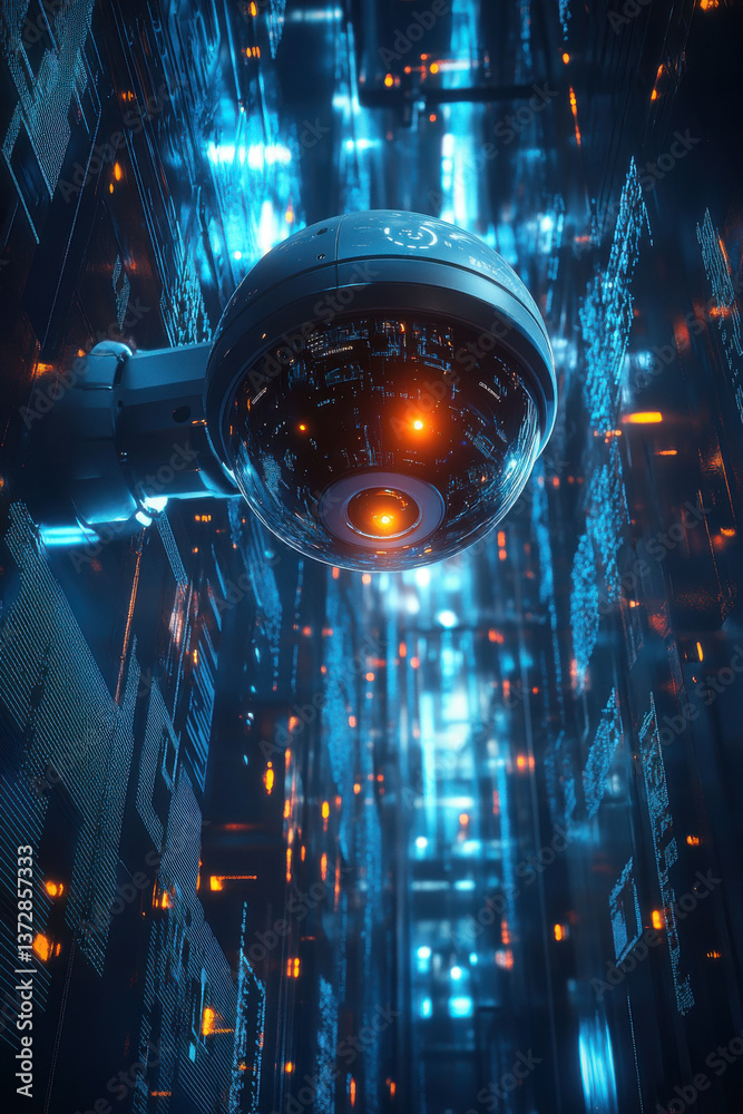 Futuristic surveillance drone in a high-tech sci-fi environment with glowing blue and orange lights