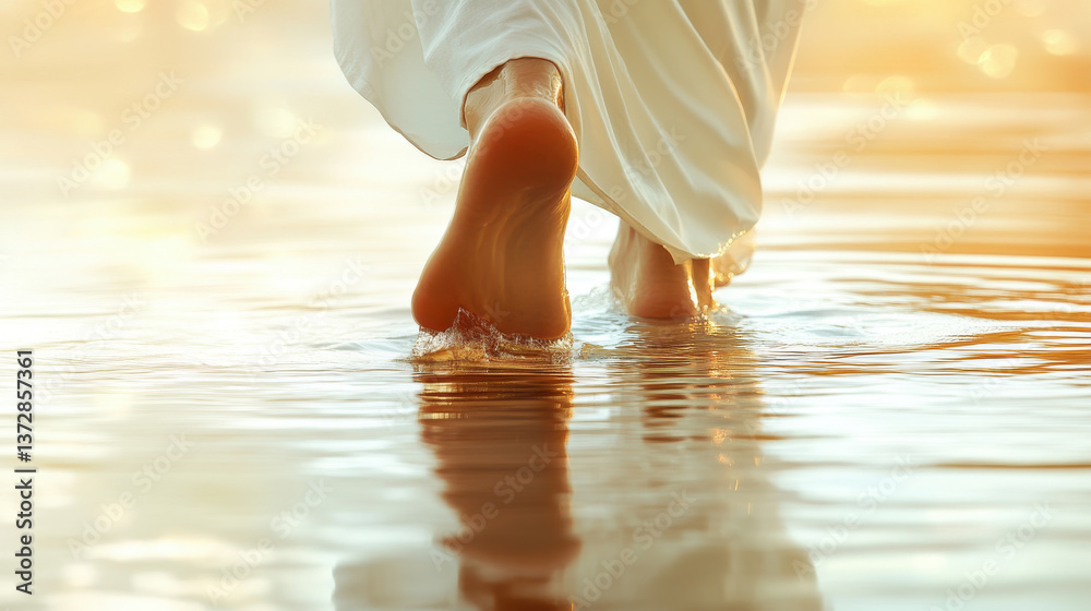 Jesus christ miraculously walking on water depicted in biblical scene for faith and inspiration themes