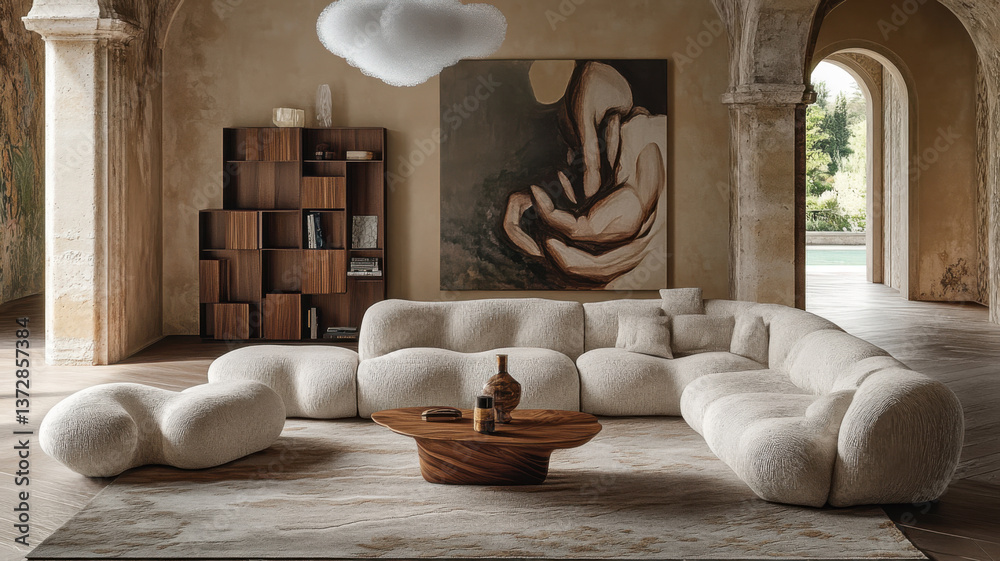 Stylish contemporary living room with curved sofa, abstract art, wooden coffee table, and modern rug