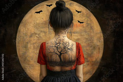 Obraz na płótnie Girl with tree tattoo against full moon background and flying bats at night w salonie