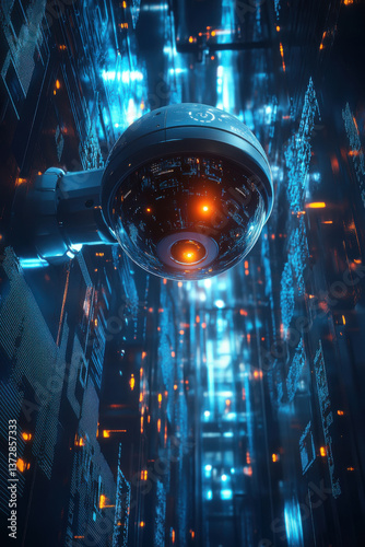 Obraz na płótnie Futuristic surveillance drone in a high-tech sci-fi environment with glowing blue and orange lights w salonie