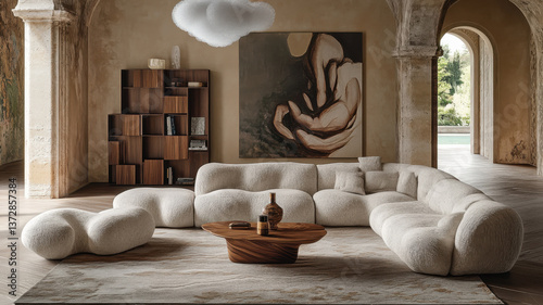 Stylish contemporary living room with curved sofa, abstract art, wooden coffee table, and modern rug