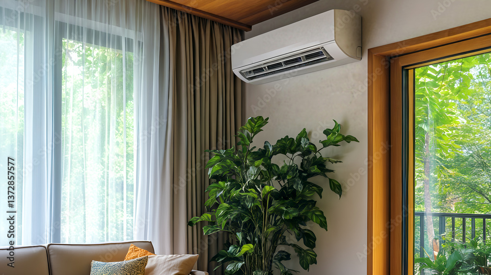 Modern living room with air conditioner and indoor plant by large window for natural light