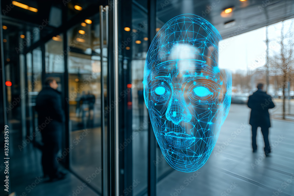 Futuristic augmented reality face interface on glass door in urban office setting