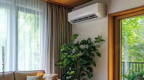 Obraz na płótnie Modern living room with air conditioner and indoor plant by large window for natural light w salonie