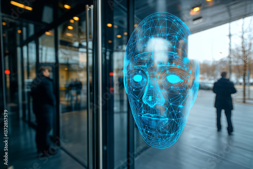 Obraz na płótnie Futuristic augmented reality face interface on glass door in urban office setting w salonie