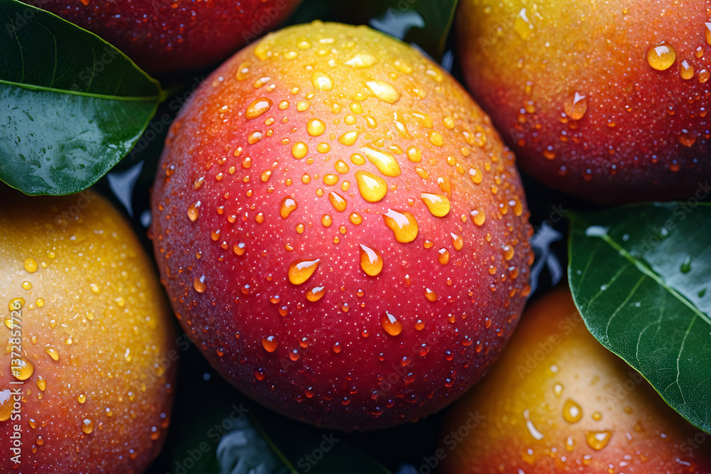 Close-up of fresh wet mangoes with water droplets and green leaves in vibrant light