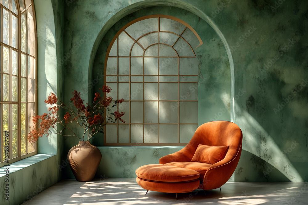 Cozy orange chair in sunlit green room with arched window and decorative vase with red flowers