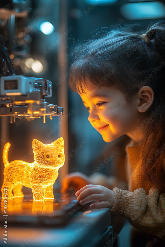 Child, young girl enchanted by 3d printed cat figurine in workshop setting