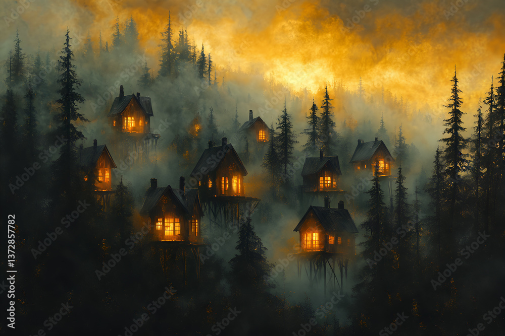Enchanting forest village at sunset with glowing houses in misty pine trees