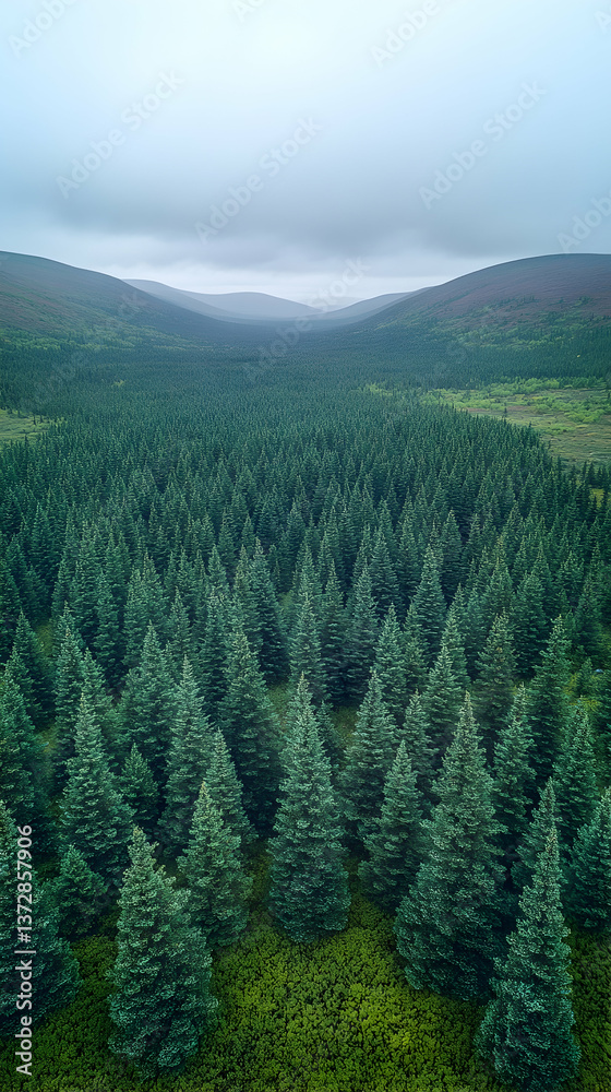 Fototapeta premium An aerial view of a dense forest of evergreen trees situated in a valley under a sky filled with cloudy misty weather
