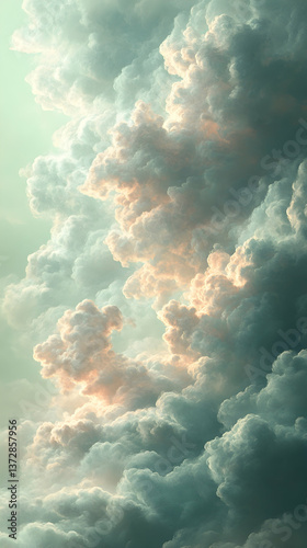 Dramatic clouds fill the frame soft light hitting the fluffy white and gray masses with a gentle pastel teal sky behin photo