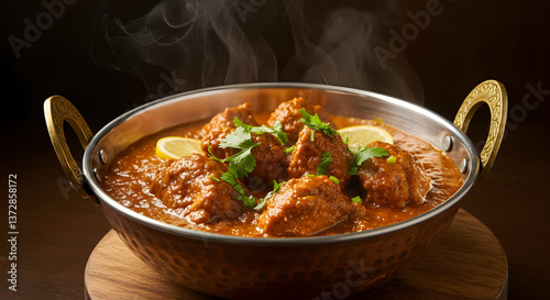 Authentic chicken tikka masala served in a traditional copper karahi