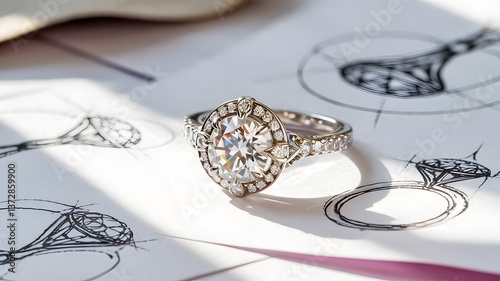 Diamond ring shining on designer's desk with sketches