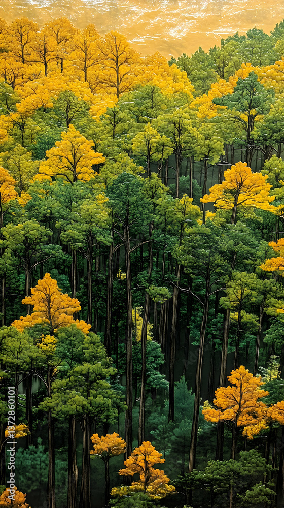 Naklejka premium Forest with tall trees featuring a mix of green and yellow foliage A golden sky creating a beautiful contrast in the