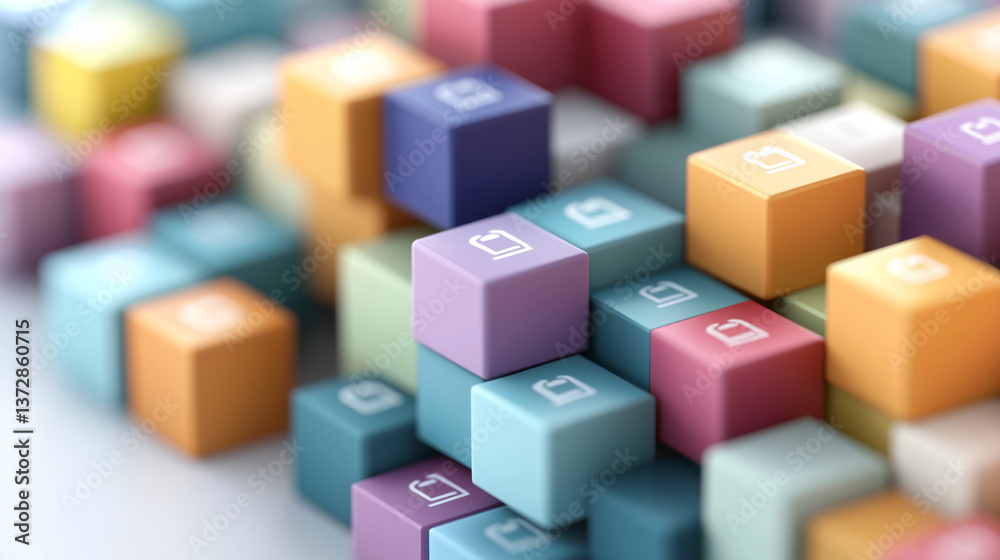 Fototapeta premium Colorful cubes with people icons form a structured pattern, representing teamwork and innovation.