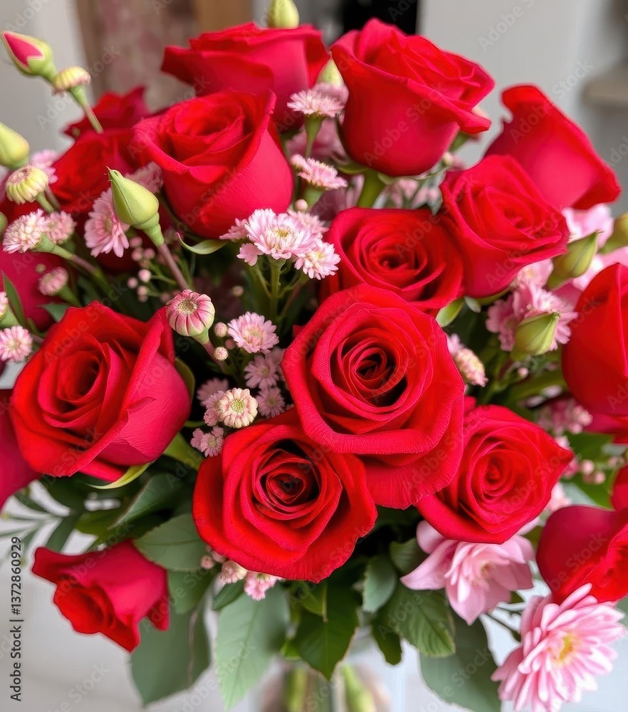 Obraz premium A vibrant bouquet of red roses and other Valentine's Day flowers, carnations, flower arrangement, pink flower